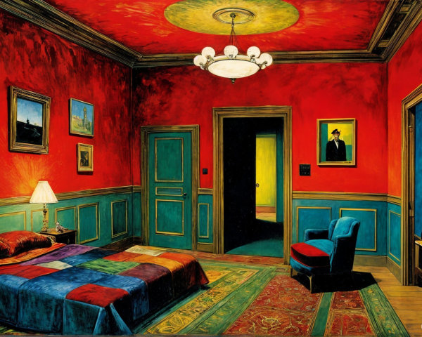 Vivid Bedroom with Red Walls and Colorful Decor
