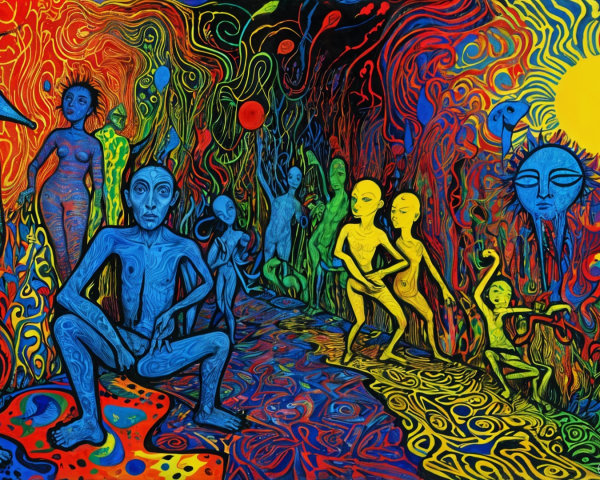 Vibrant Abstract Scene with Dynamic Figures and Colors