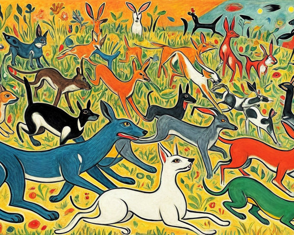 Colorful Painting of Dogs and Rabbits in a Field