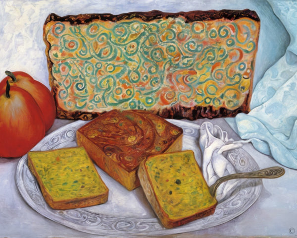 Colorful Still Life with Bread, Pumpkin, and Drapery
