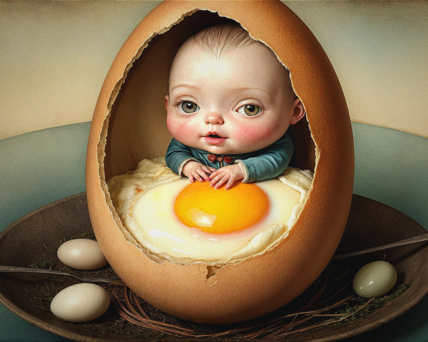 Baby in Cracked Eggshell Surrounded by Colorful Eggs