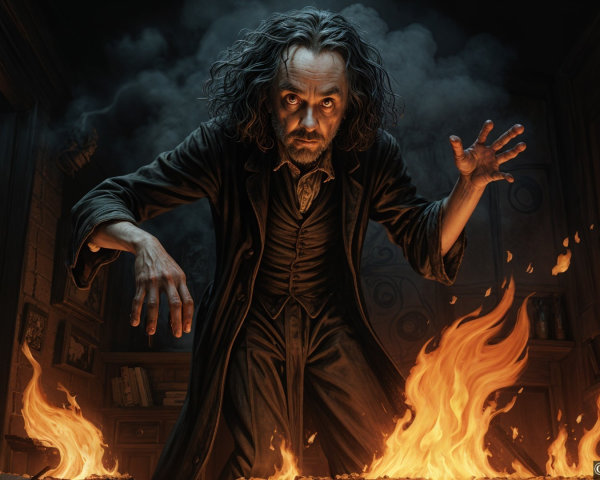 Mysterious Figure in Dimly Lit Room with Flames