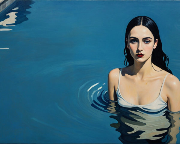 Young woman in serene blue pool with mysterious gaze