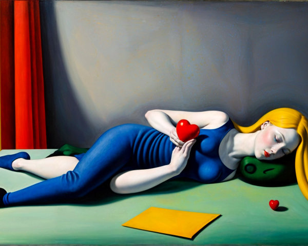 Surreal Artwork of Woman with Hearts and Green Figure