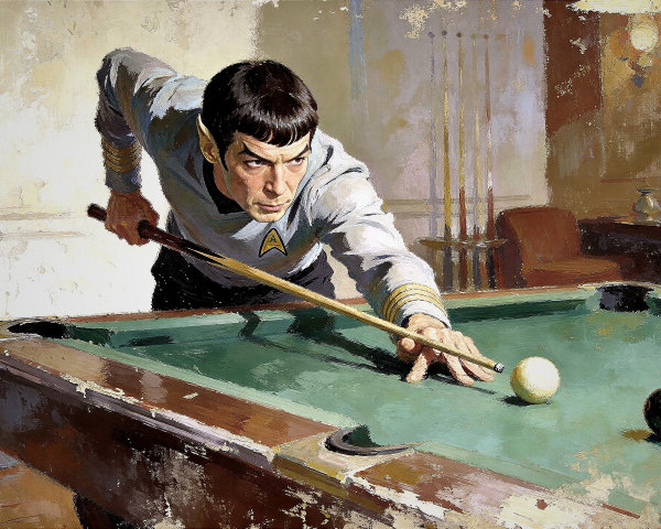 Mr. Spock Playing Pool in Realist Style Painting