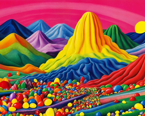 Vibrant Landscape with Colorful Mountains and Eggs