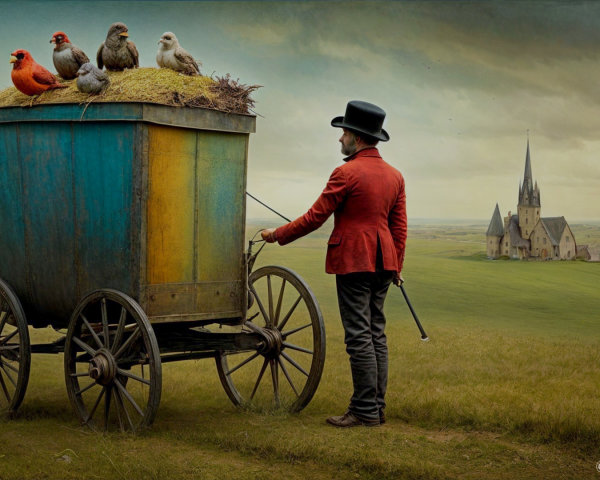 Man in Red Coat Beside Colorful Bird Cart in Landscape