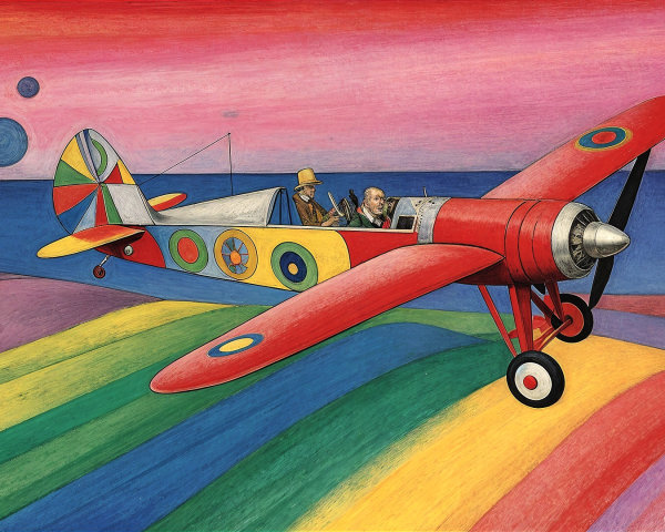 Whimsical Painting of a Red Biplane in Colorful Sky