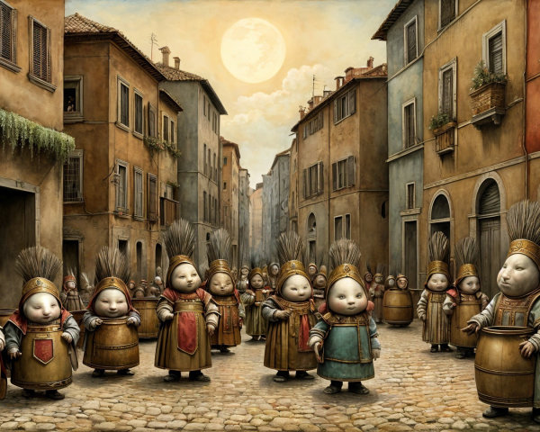 Whimsical Figures in Rustic Street Under Moonlight