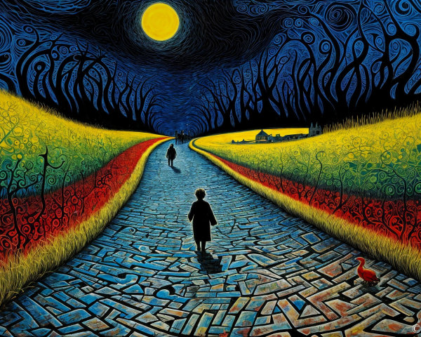 Surreal Landscape with Moonlit Path and Figures
