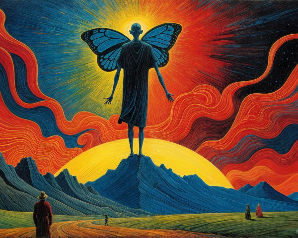 Surreal Landscape with Vibrant Colors and Butterfly Figure