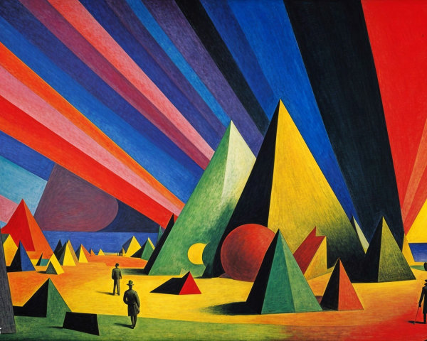 Vibrant Landscape with Geometric Shapes and Figures