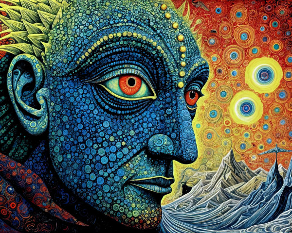 Surreal Portrait of a Blue-Skinned Figure in Vivid Tapestry