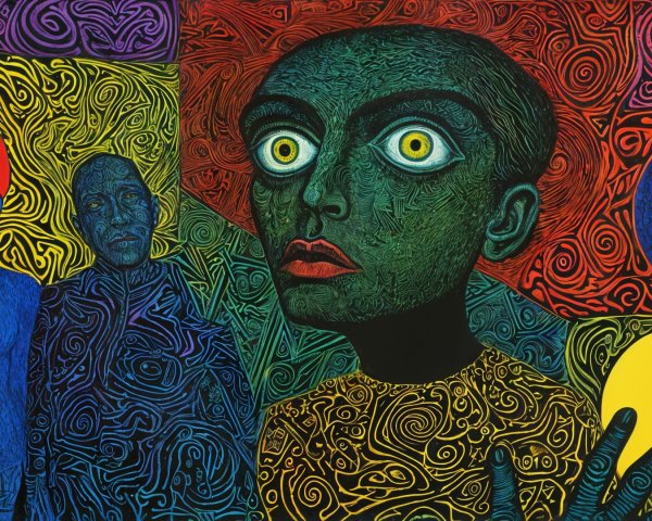 Vibrant Surreal Composition with Abstract Figures