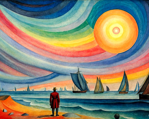 Surreal Landscape with Dramatic Sky and Sailboats