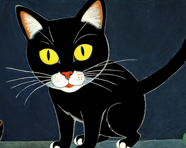 Stylized Black Cat with Bright Eyes on Blue Background