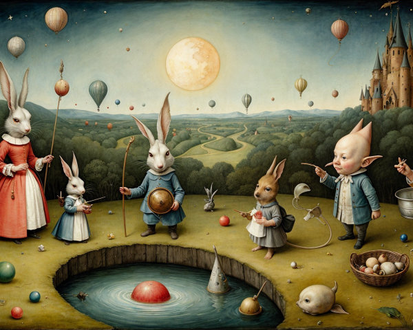 Whimsical Landscape with Rabbits and Hot Air Balloons