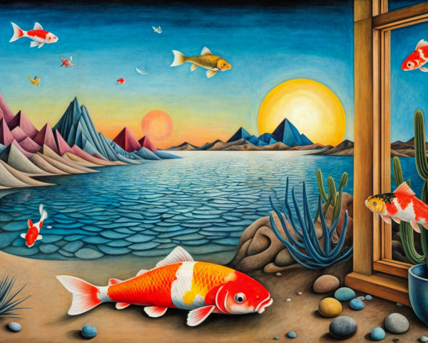 Vibrant Landscape with Sunset, Lake, and Koi Fish