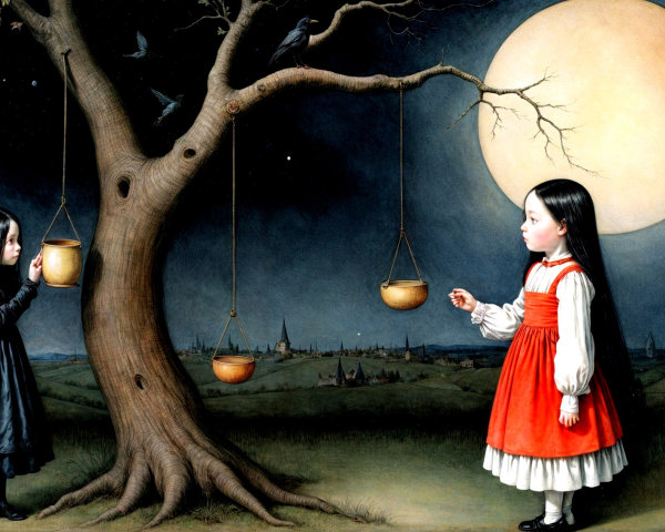 Moonlit Scene with Girls and Gnarled Tree