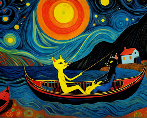Whimsical Cats in Colorful Boat on Vibrant Lake