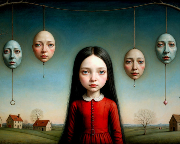 Surreal Landscape with Masks and Solemn Girl in Red Dress