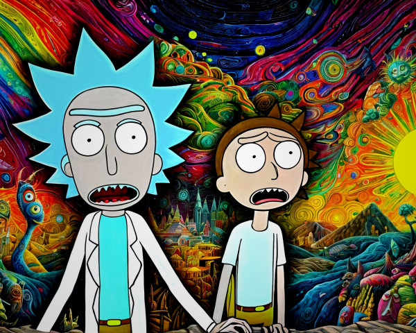 Surreal Artwork of Characters Amidst Cosmic Landscape