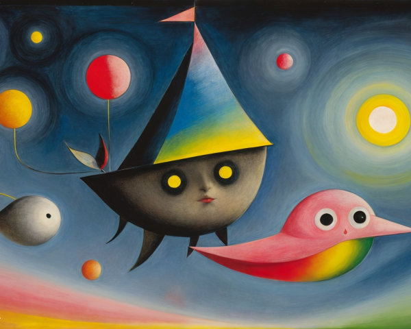 Whimsical Night Sky with Colorful Boat and Bird