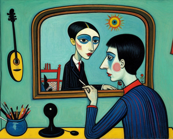 Figure in Pinstriped Suit Reflecting in Vibrant Room