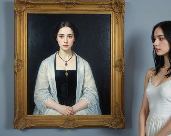 Young Woman Observes Classical Portrait in Gold Frame