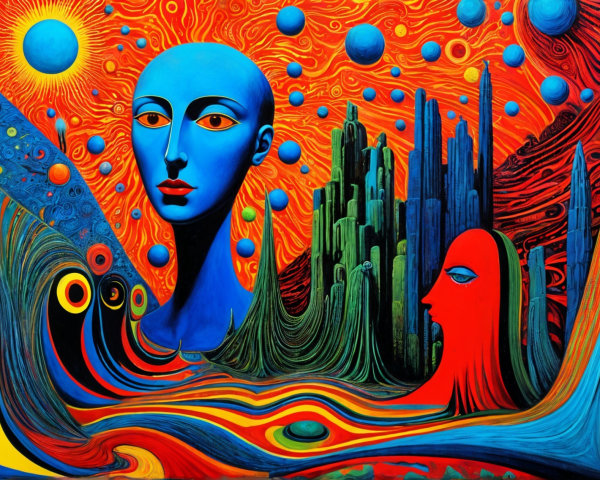 Surreal Landscape with Bold Colors and Abstract Forms