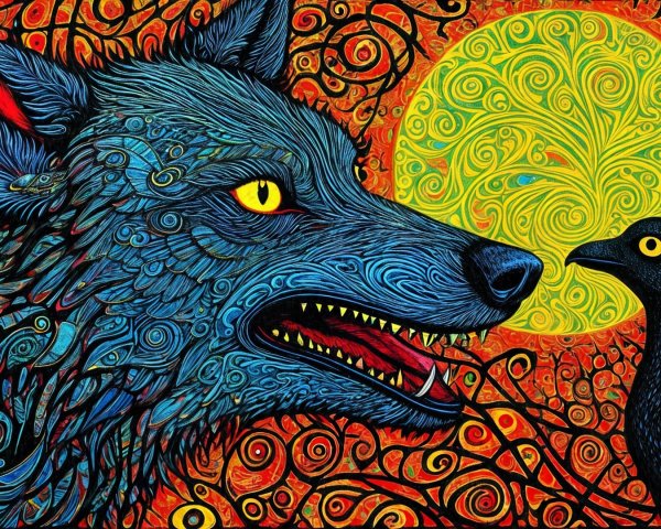 Vivid Blue Wolf with Intricate Patterns and Black Bird