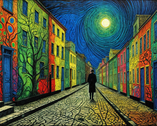 Vibrant Night Street Scene with Colorful Buildings