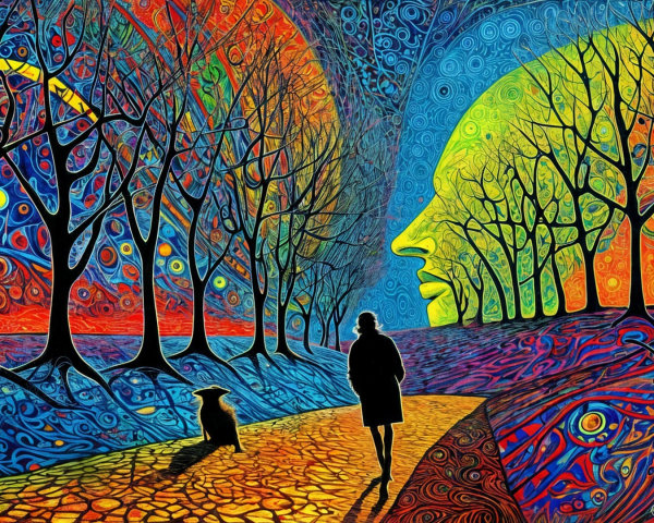 Surreal Scene with Silhouetted Figure and Dog