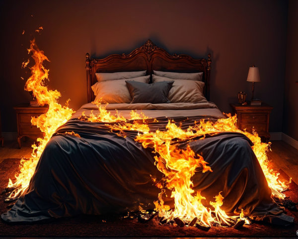 Flaming Bed in Dimly Lit Bedroom Scene
