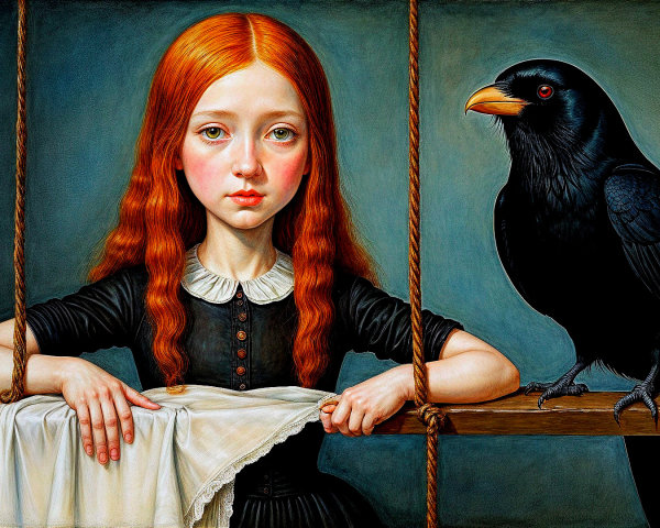 Young girl with red hair and crow behind bars