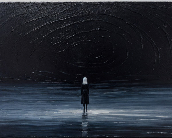 Lone Figure by Dark Sea in Surreal Dreamlike Scene