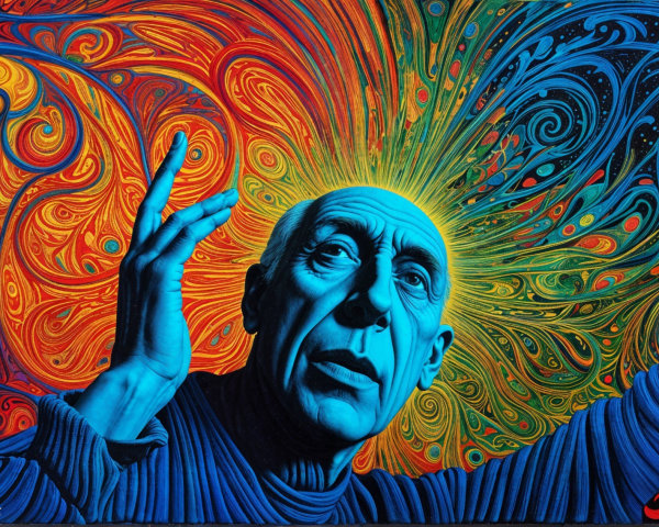 Vivid Blue-Faced Figure Against Colorful Background