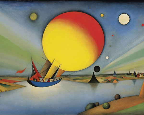 Surreal Landscape with Luminous Sun and Sailboat