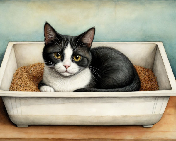 Charming Cat in Sand Box with Yellow Eyes and Cup