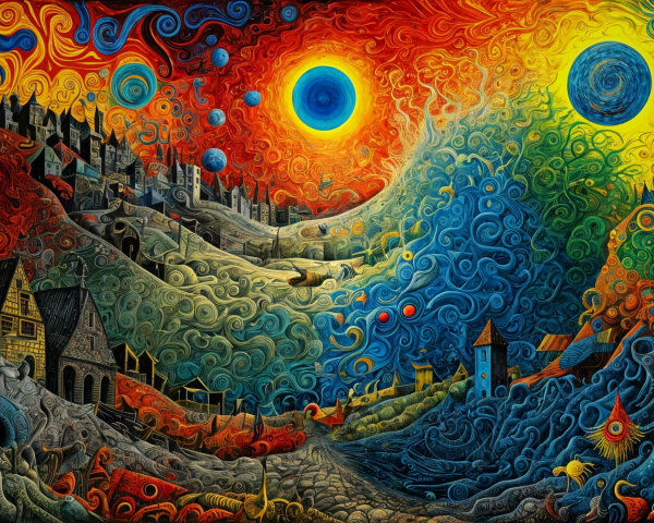 Surreal Landscape with Colorful Skies and Whimsical Town