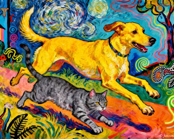 Vibrant Painting of Dog and Cat in Impressionistic Style