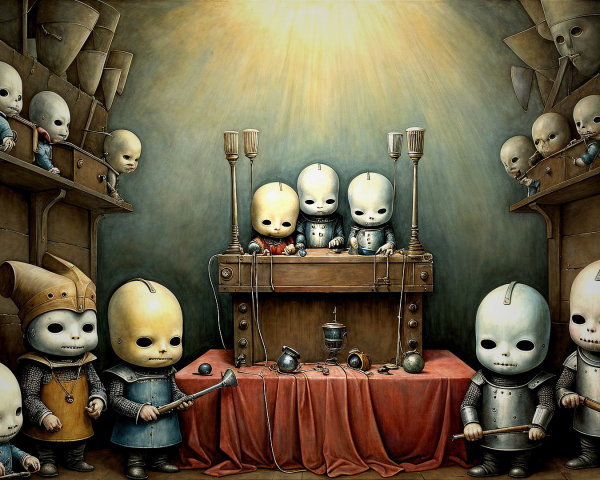 Whimsical Workshop with Doll-Like Figures and Tools