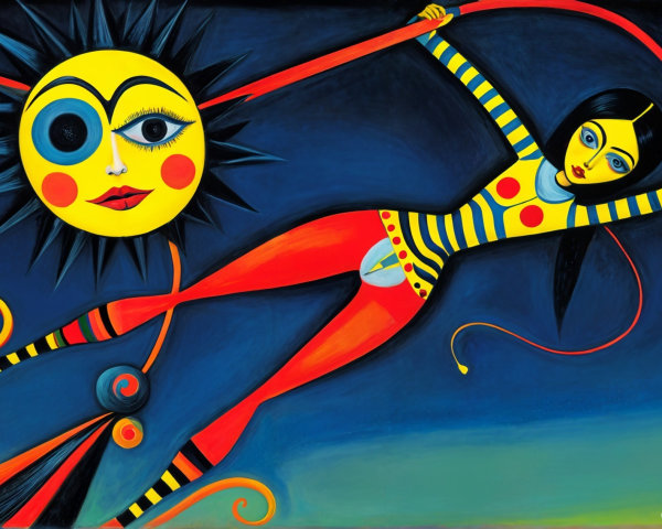 Surreal Artwork of Woman in Striped Attire and Sun