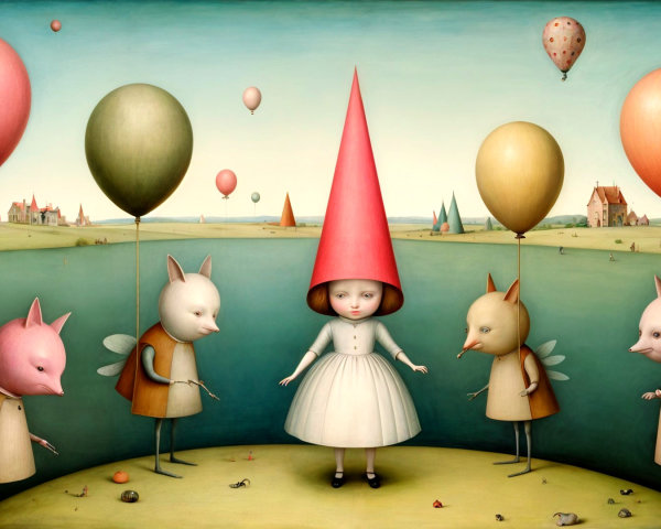 Whimsical Landscape with Girl and Creatures in Balloons