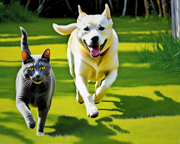 Russian Blue Cat and Cream Dog in Outdoor Scene