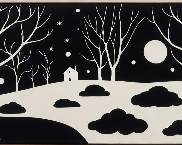 Black and White Illustration of a Winter Night Scene
