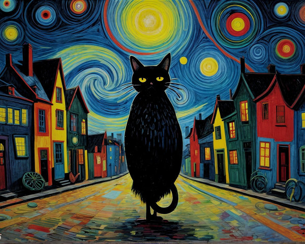 Vibrant Scene of a Black Cat on a Colorful Street