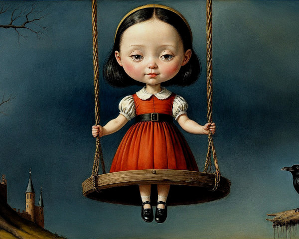 Young girl in red dress on swing with eerie backdrop