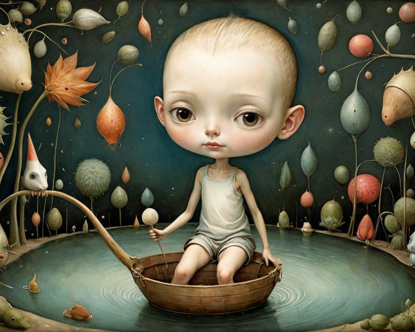 Child in a boat on a tranquil pond with fantasy elements