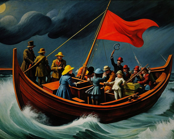 Group of Figures on Boat in Turbulent Waters